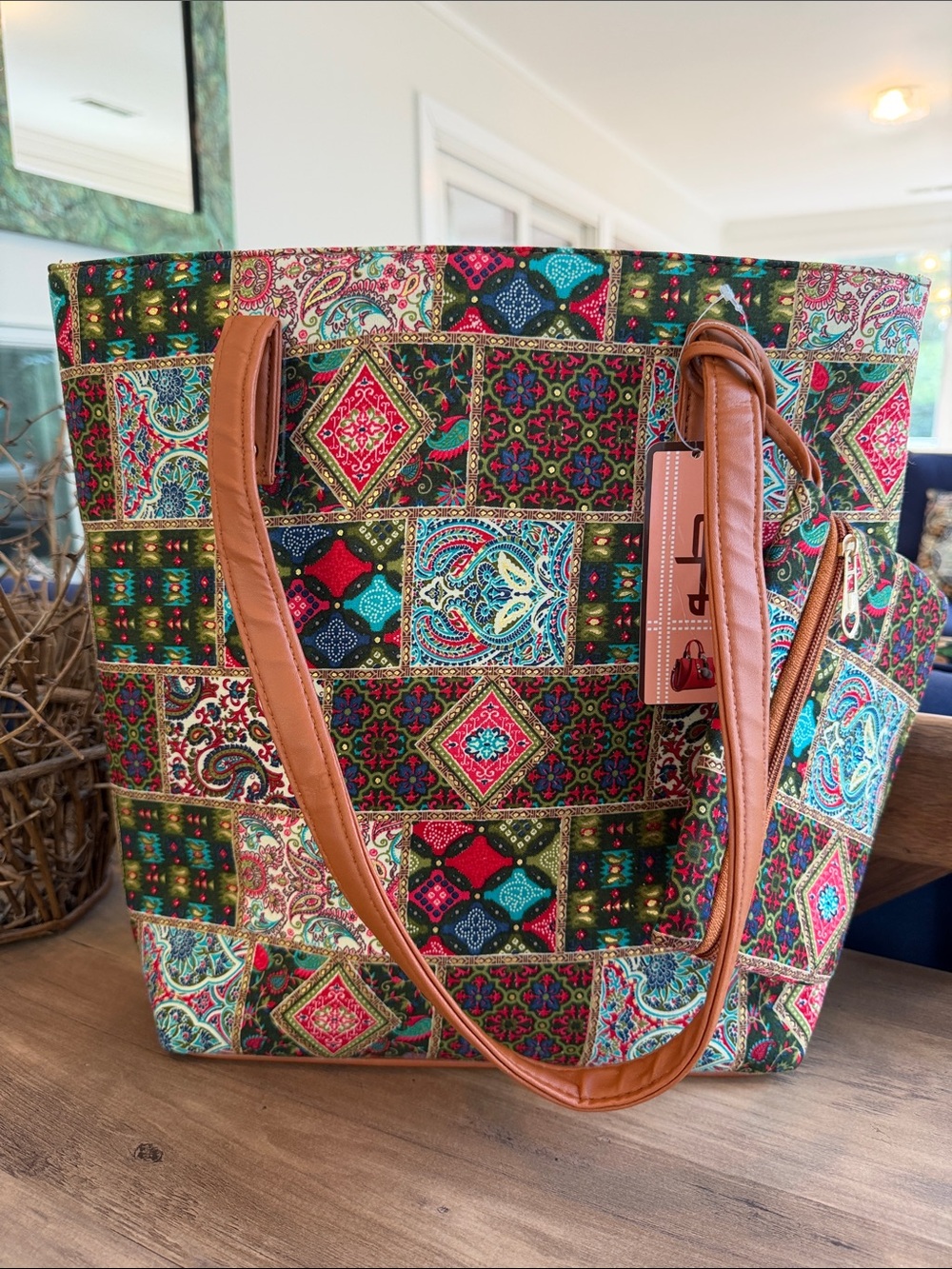 Taha Bags Colorful Patchwork Tote with Tan Handles - NWT